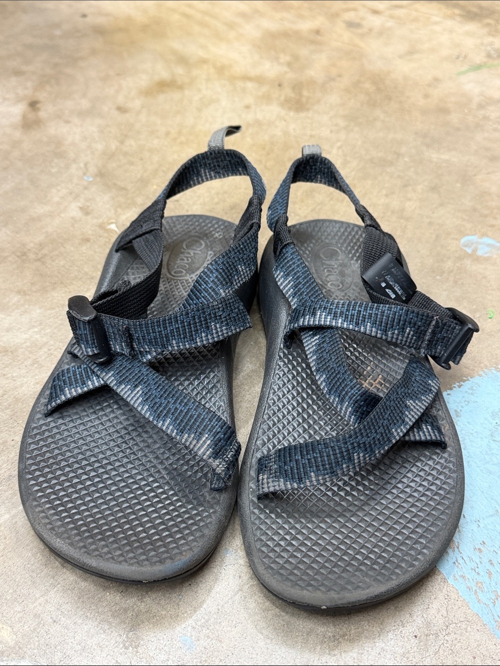 Chaco Black Sandals with Blue-Gray Striped Webbing